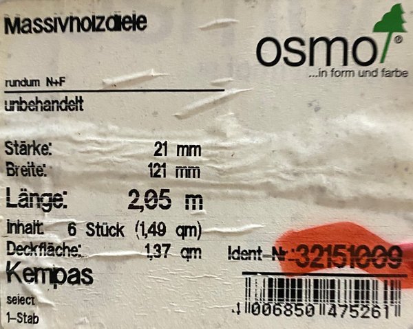 OSMO Massivholzdiele Kempas  21 x 121 x 2050 mm unbehandelt (VE 6 Stück)