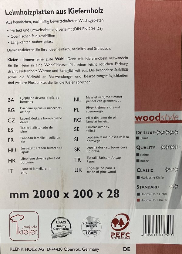 Leimholzplatte aus Kiefernholz 28 x 200 x 1980 mm