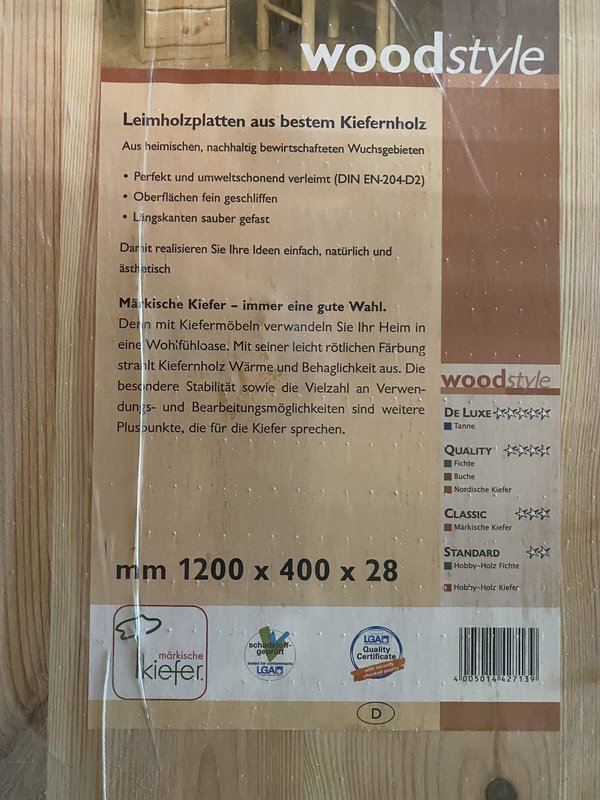 Leimholzplatte Märkische Kiefer 28 x 400 x 1180 mm